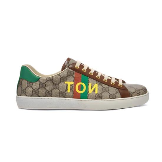 GUCCI ACE Fake/Not Canvas Print Low Top Sneaker Women's Brown 636359 2GC10 8260