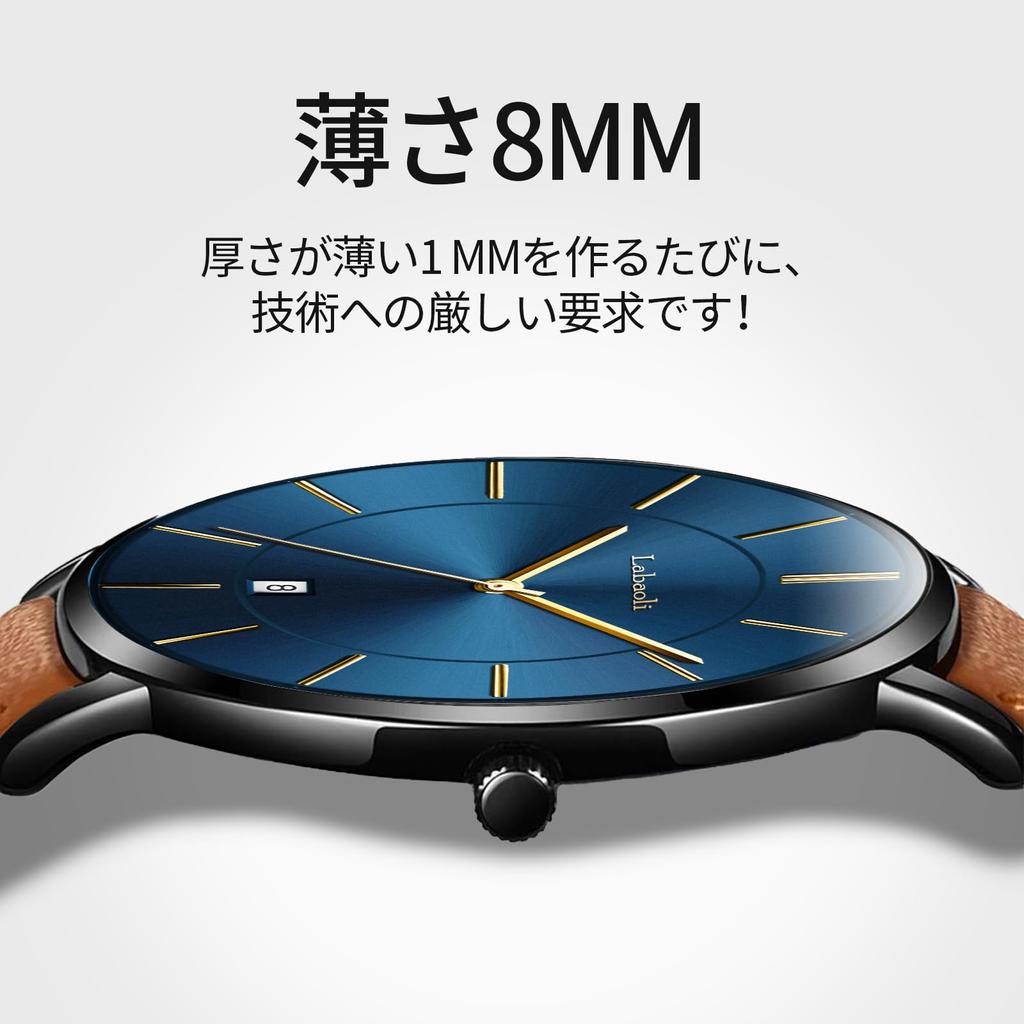 Simple Fashion Casual Business Watch Japanese Quartz Movement 40mm Dial Genuine Leather Band Unisex Band Black Case Blue Men's Ultra-Thin 6.5MM