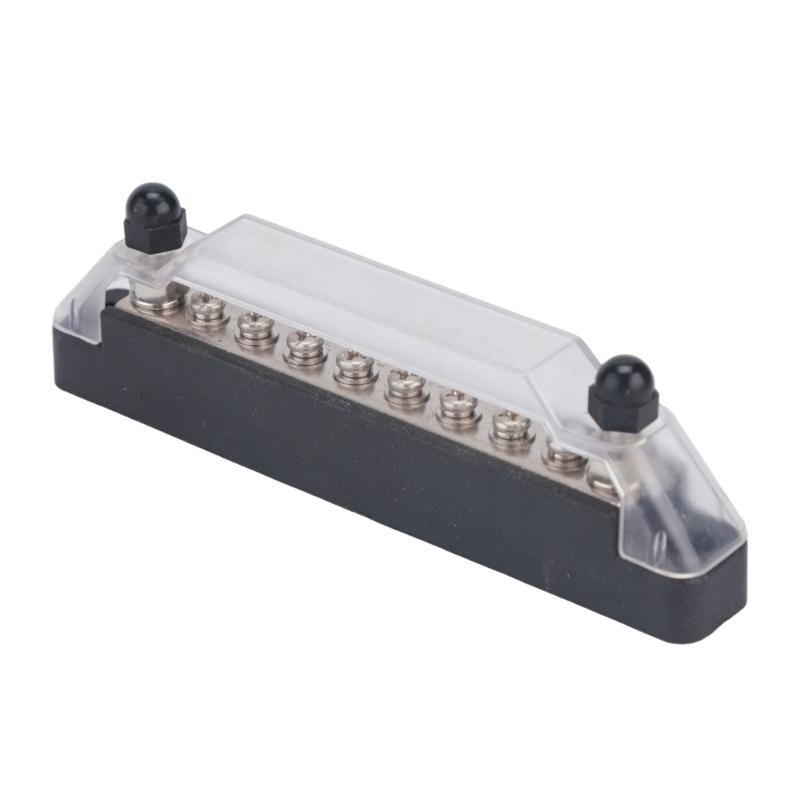 8-Way Battery Distribution Block with PC Base, Clear Cover, and Mounting Screws for Vehicle and Marine Power Wiring Layouts