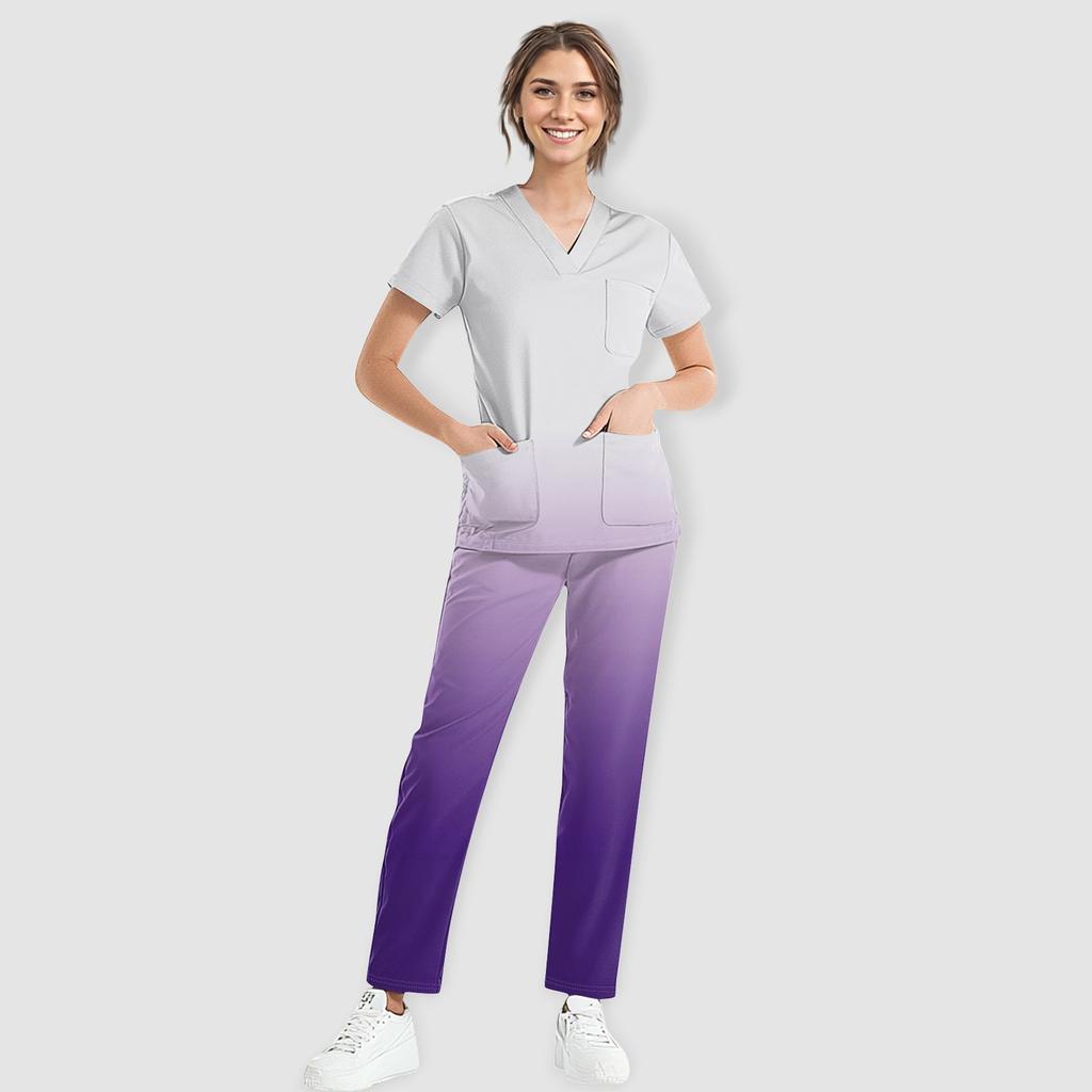 Women's Short Sleeve V Neck Gradation Chest Pocket Work Top Elastic Waist Pants Two Piece Work Set,3 Pockets,Scrubs Tops For Women