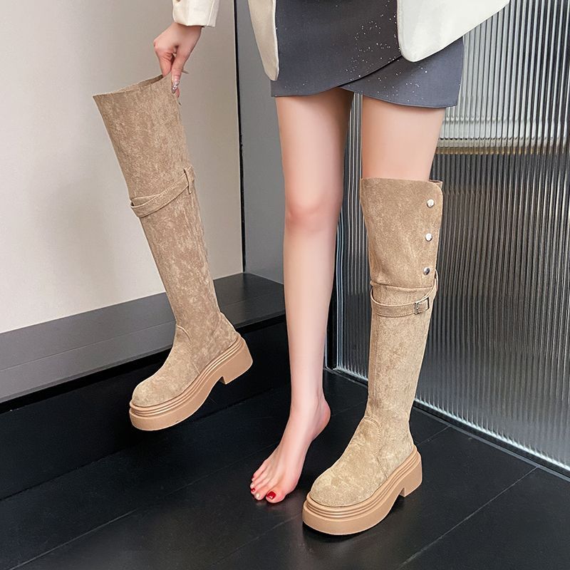 Platform Women's Thigh High Boots Autumn Winter Fleece-Lined Round Toe Ladies Above Over The Knee Shoes 2025 New Trend Footwear