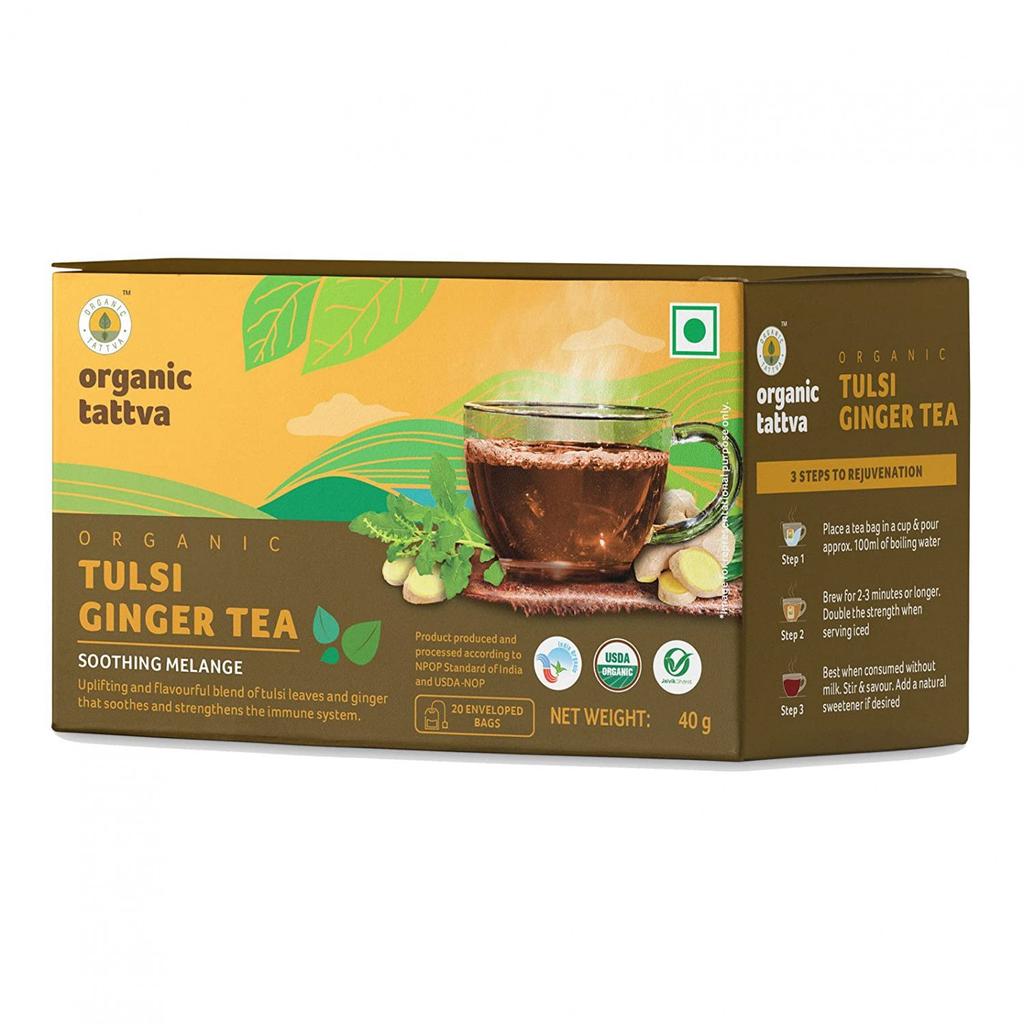 Зеленый чай с Имбирем и Тулси (20 пак, 2 г), Organic Tulsi Ginger Tea,  Organic Tattva
