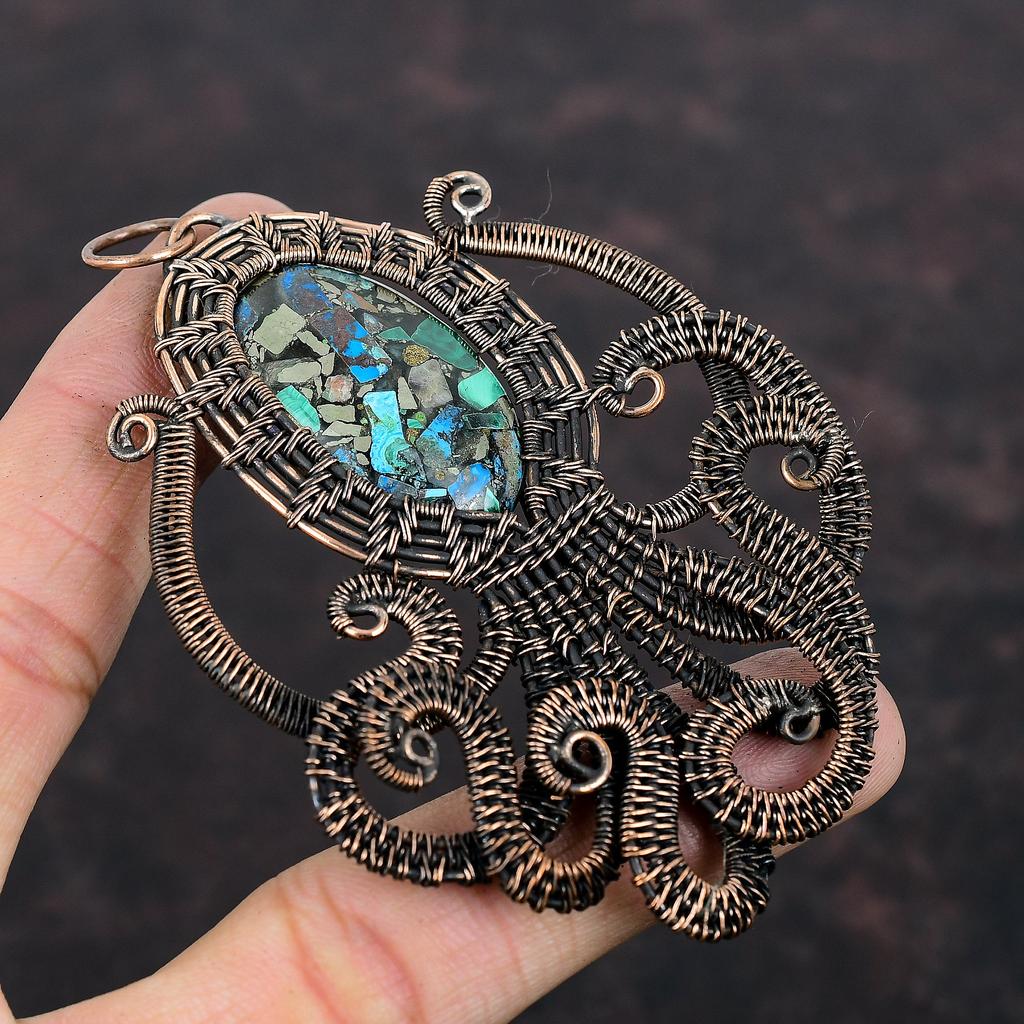 Подвеска из меди, азурита и малахита, подвеска из медной проволоки с драгоценным камнем, дизайнерское ювелирное изделие из меди, подвеска в виде осьминога, ювелирное изделие ручной работы, подарок для мамы