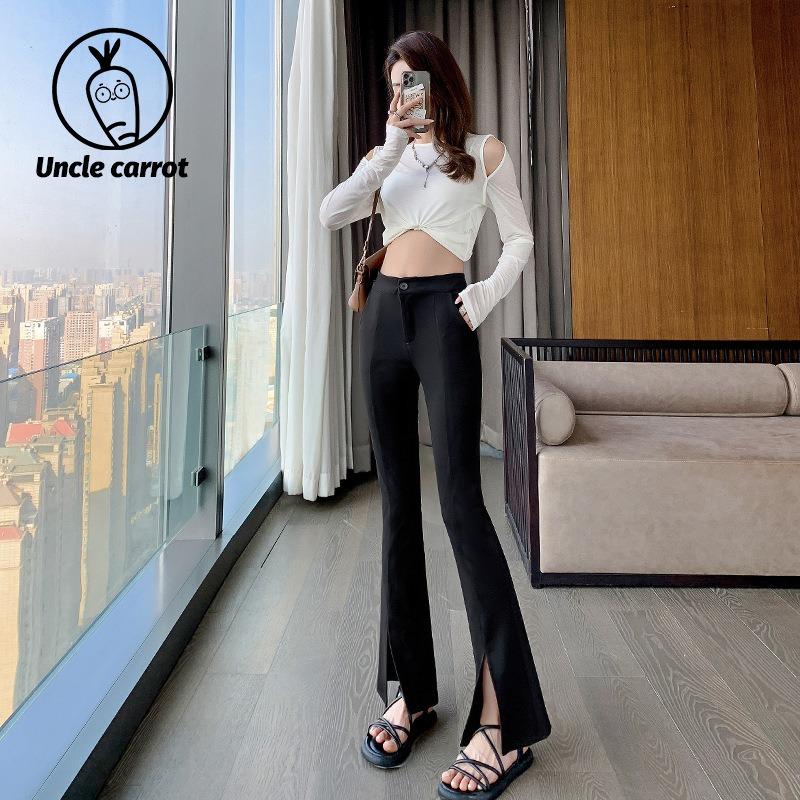 Расклешенные брюки детские весенне-летние новые с высокой талией тонкие драпирующиеся черные костюмные женские брюки летние с разрезом спереди слегка присборенные