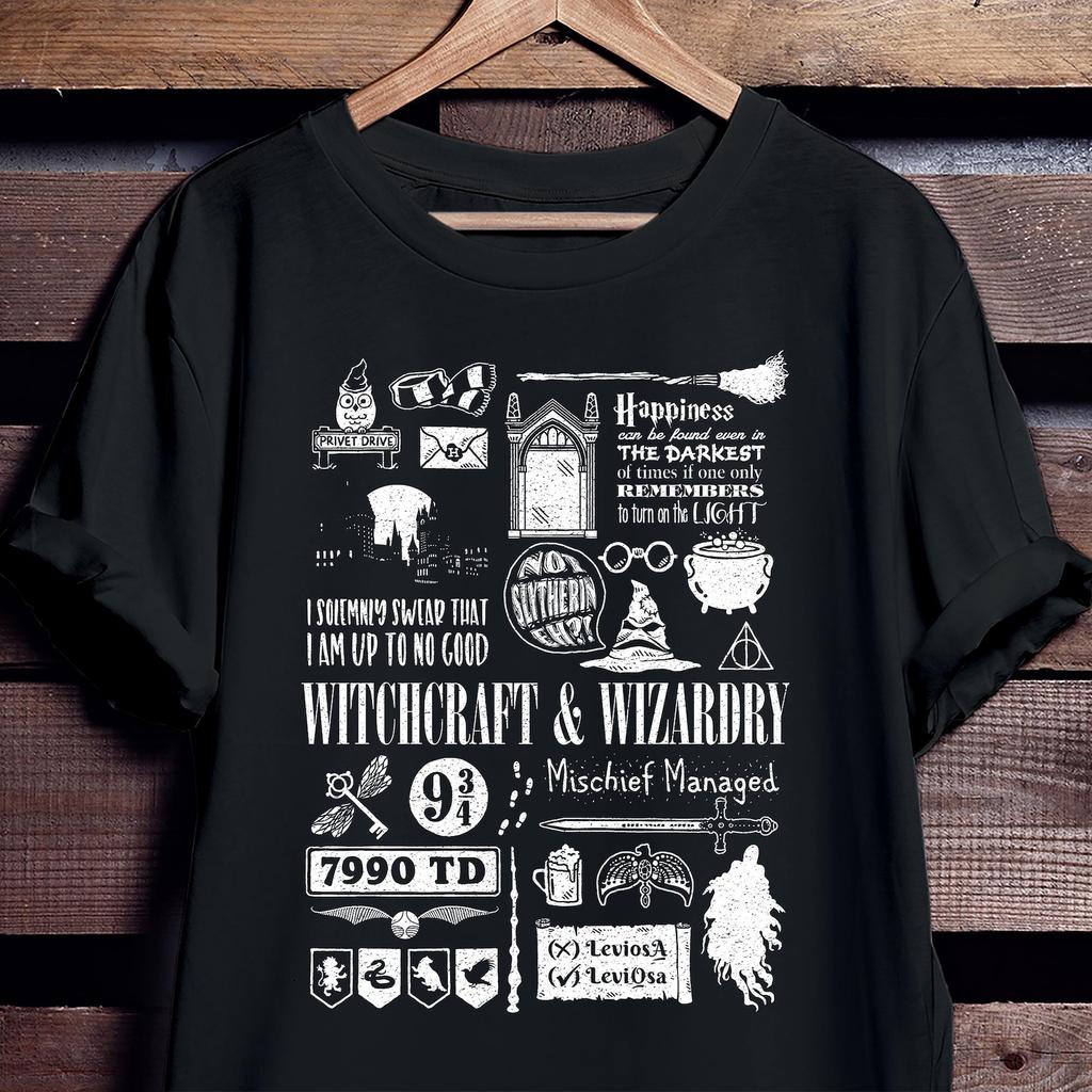 Unisex Doodles Graphic HP Tee - Witchcraft and Wizardry Hand-Drawn Shirt - Magic School T-Shirt