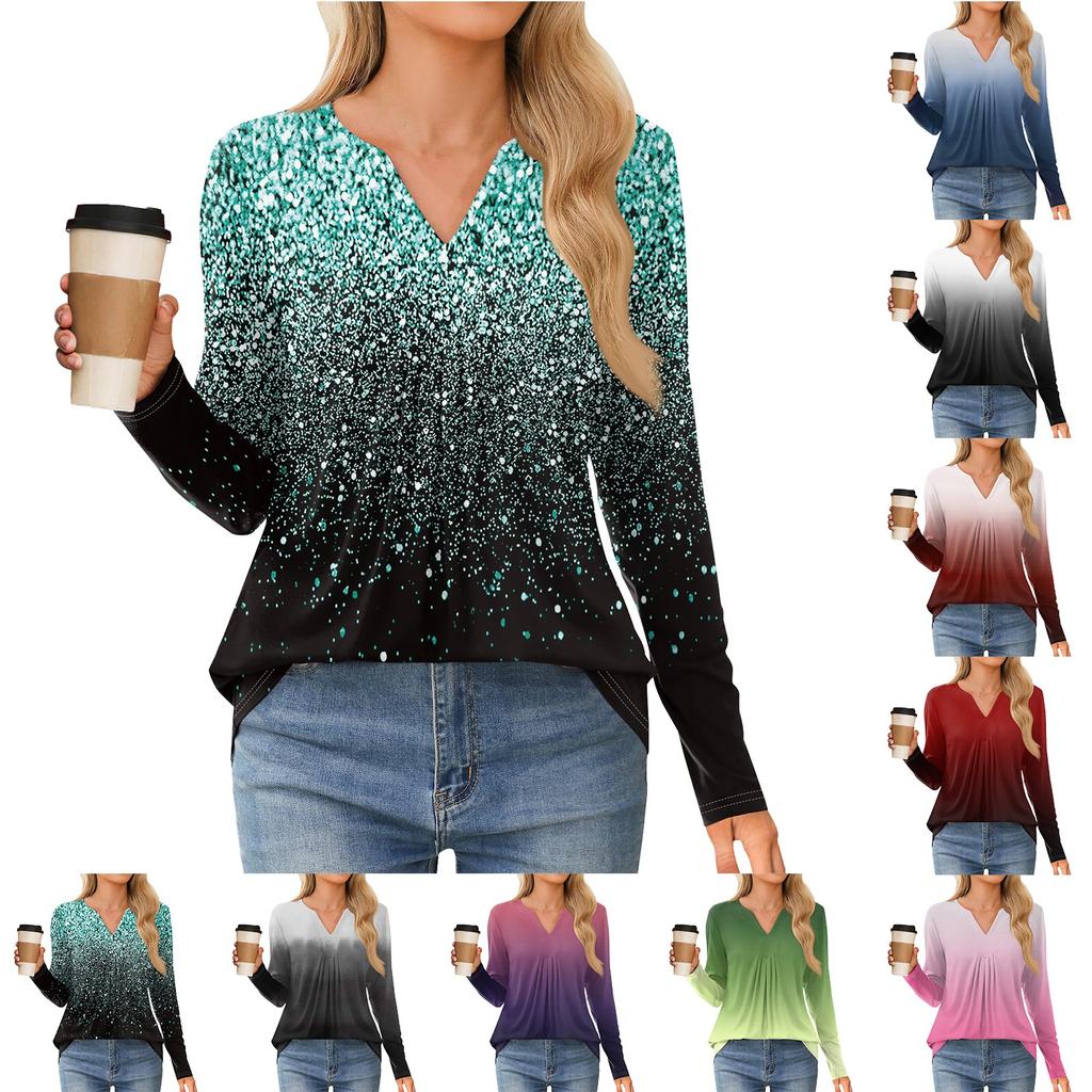 Women's Fashion Casual Long Sleeve Shirt Gradient Printed V Neck Up Tops