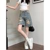 Summer Loose Vintage Distressed Denim Shorts High Waist Washed Wide Leg Mid Length Jeans for Women Plus Size