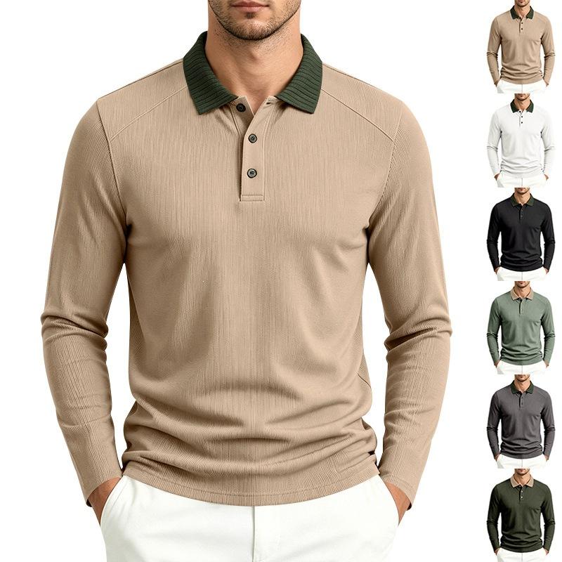 Mens Casual Color Block Long Sleeve Polo Shirt Wrinkle Resistant Breathable Jacquard
