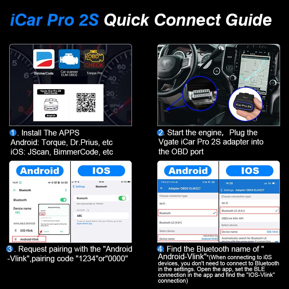 Vgate ICar Pro 2S ELM327 Bluetooth 5.3 V2.3 Автомобильный сканер OBD Модернизированный инструмент для диагностики автомобилей EV BimmerCode для ПК с ОС IOS Android