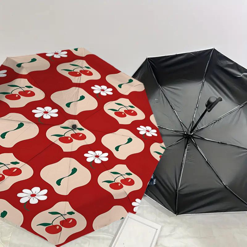 1pc Cherries Flowers Automatic Open/Close Umbrella Compact Folding Umbrella with 8-Rib Shaft for Women/Men, Elegant Birthday1249S