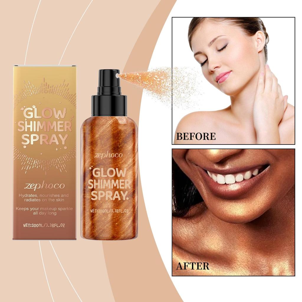 Zephoco Body Glitter Spray Glow Skin Illuminator High Gloss Quick-Drying Highlighter Makeup Cosmetics Bronze Body Shimmer Spray