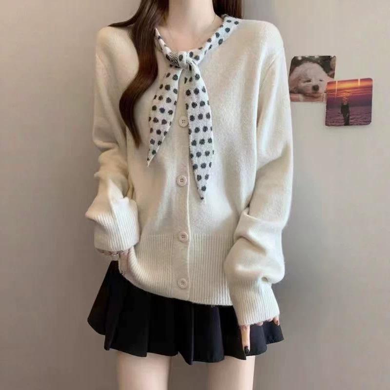 2026 Autumn/Winter Women's Versatile Round Neck Bow Knit Cardigan - Fashionable Long Sleeve Design