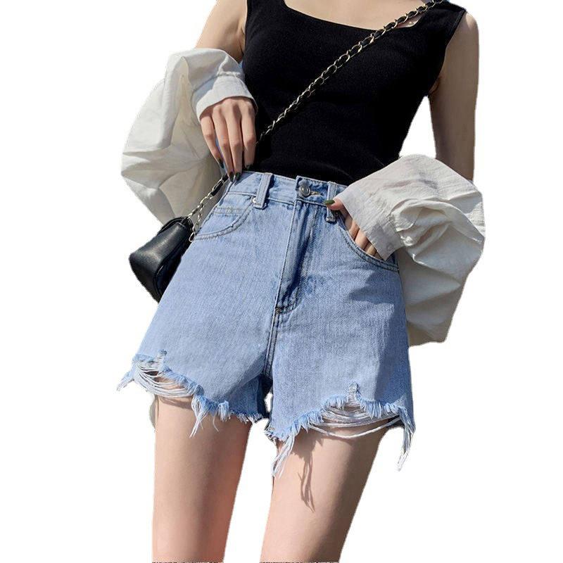 Удобные узкие модные и универсальные джинсовые шорты женские летние с высокой талией тонкие свободные широкие брюки А-силуэта с дырками