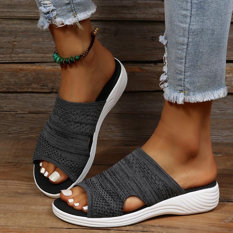 Women's Summer Breathable Mesh Slippers Open-Toe Fish Mouth Flat Casual Large Size Outdoor Slides