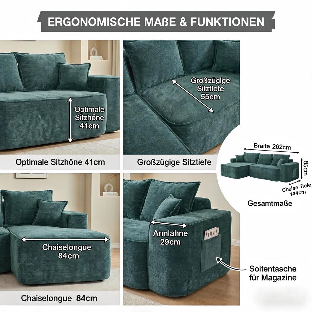 L-Shaped Corner Sofa "Cloud Couch", 262cm with Chaise Longue, XXL Deep Seat, No Assembly, Modular Sofa in Green Chenille for Living Room