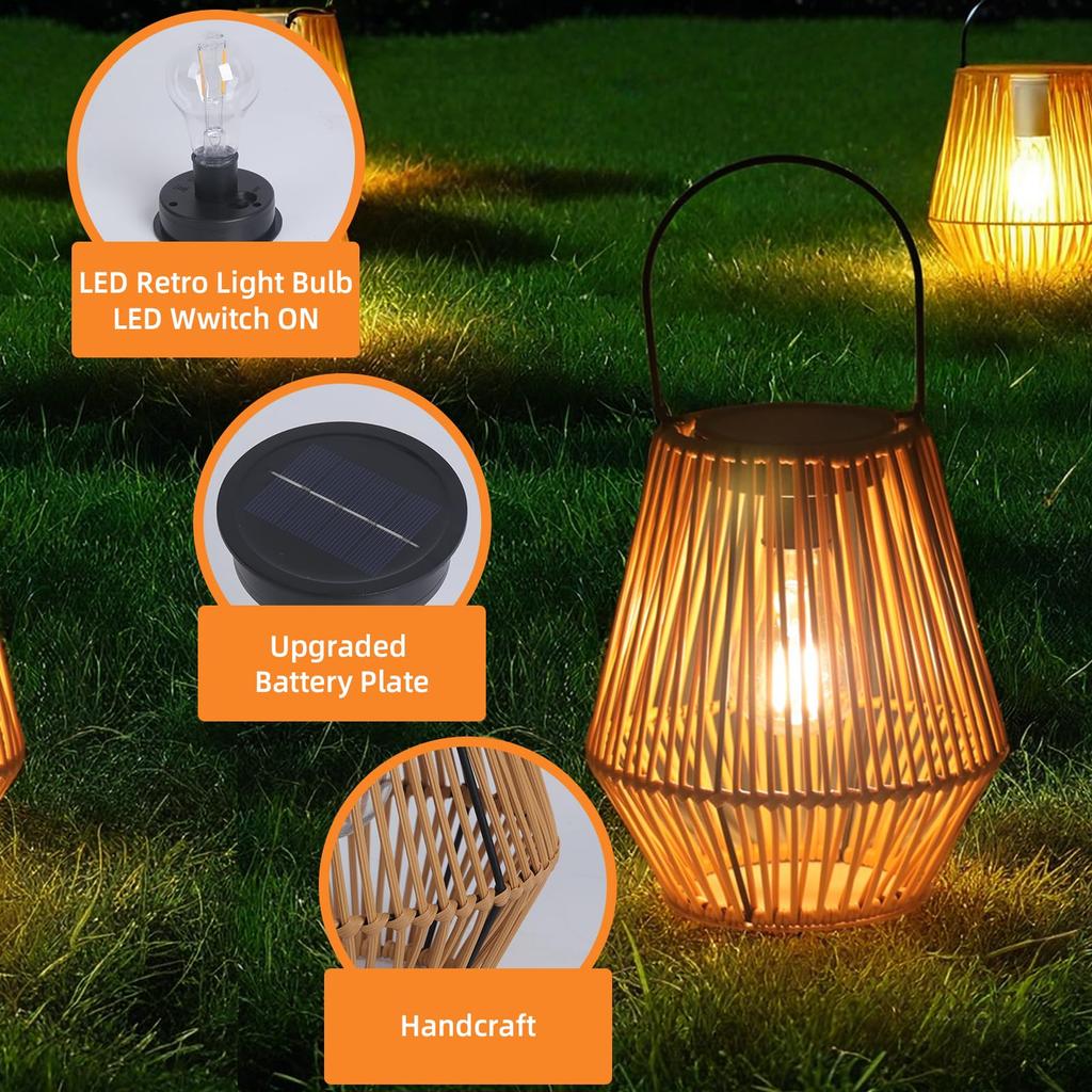 Woven Rattan Solar Lanterns Waterproof Hanging Solar Lights with Warm Glow for Garden Patio Porch Pathway Lawn Decorative Outdoor Lighting 1pcs