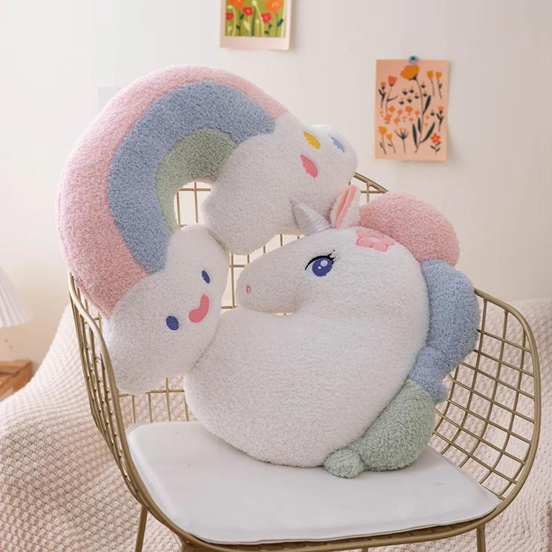 Soft Plush Rainbow Throw Pillow Stuffed Heart Pumpkin Hug Cushion Unicorn Plush Toy Massage Pillow for Girl Bedroom