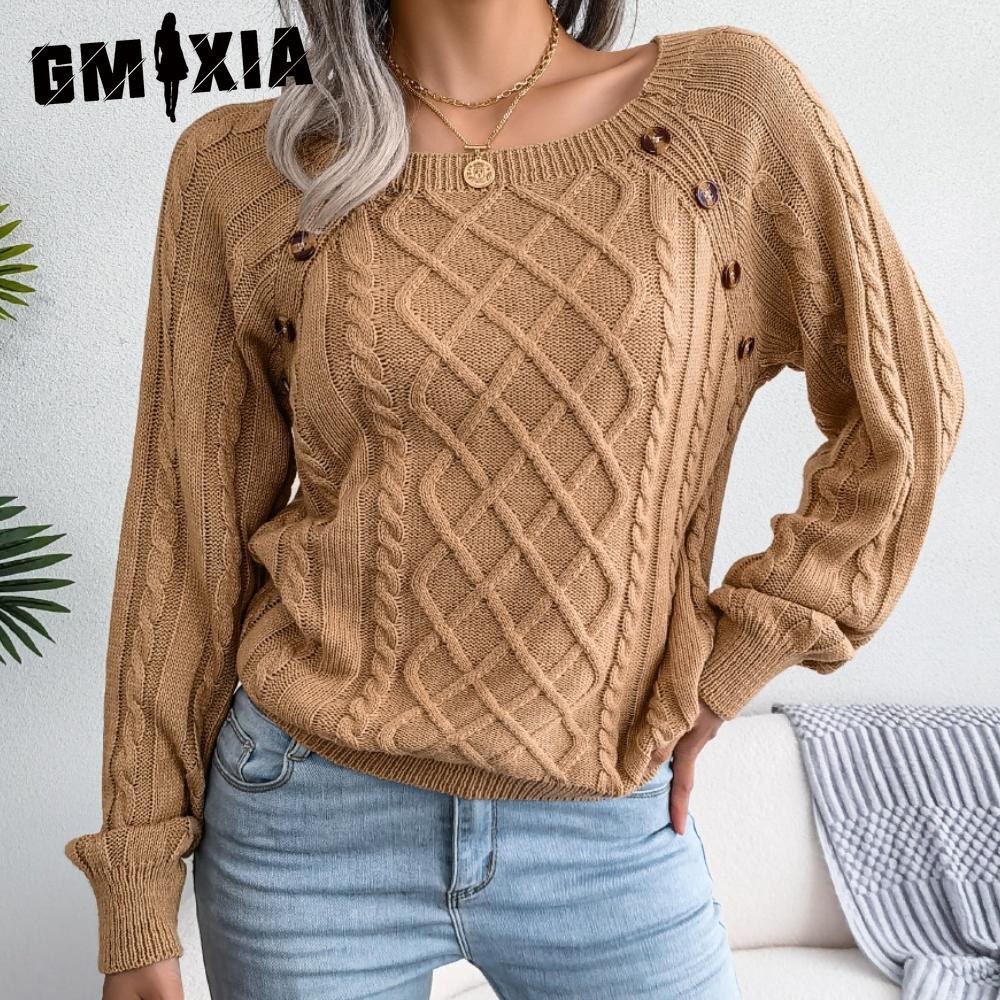 GMXIA Women's Fashion Rhombus Print Casual Autumn Winter Long Sleeve Square Collar Loose Nail Button Twist Knit Pullover Sweater