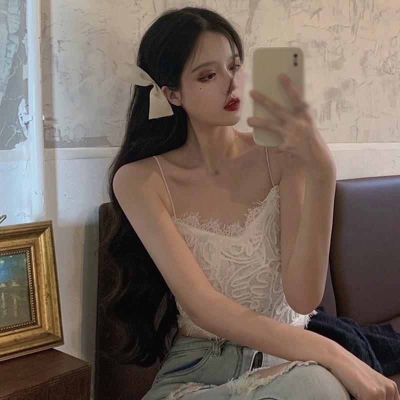 Женский кружевной топ-майка короткий жилет однотонный