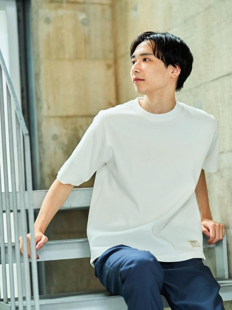 Футболка с коротким рукавом из вафельной ткани быстросохнущая Beams Heart (Влагоотводящий, Быстросохнущий и Не образующий катышков), Мужской, Белый, Размер L, 42040348639