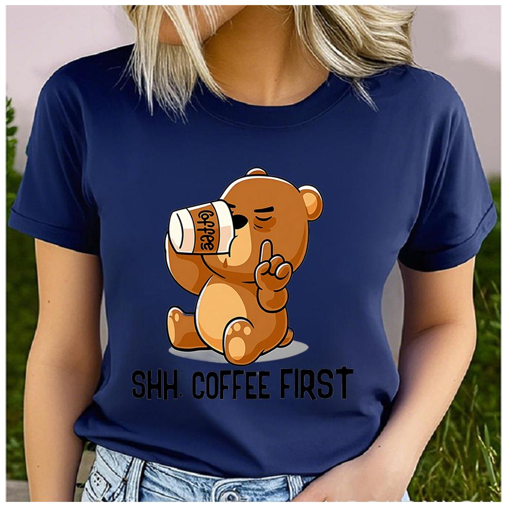 Unisex Casual Short Sleeve T-Shirt, 100% Polyester, Round Neck, Coffee Bear Print, Loose, Fashion, Summer Top