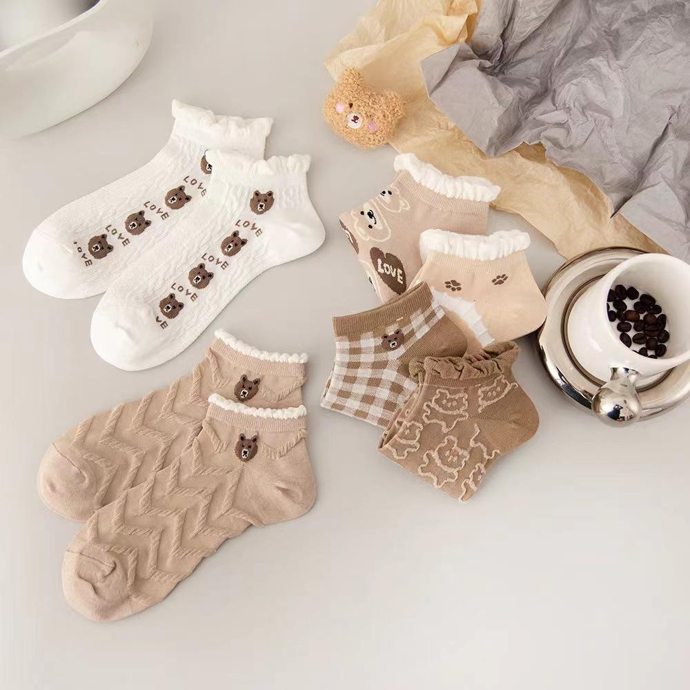 6 пар женских хлопчатобумажных носков, весенне-летние милые повседневные кружевные носки с медведем для девочек, универсальные неглубокие носки-лодочки