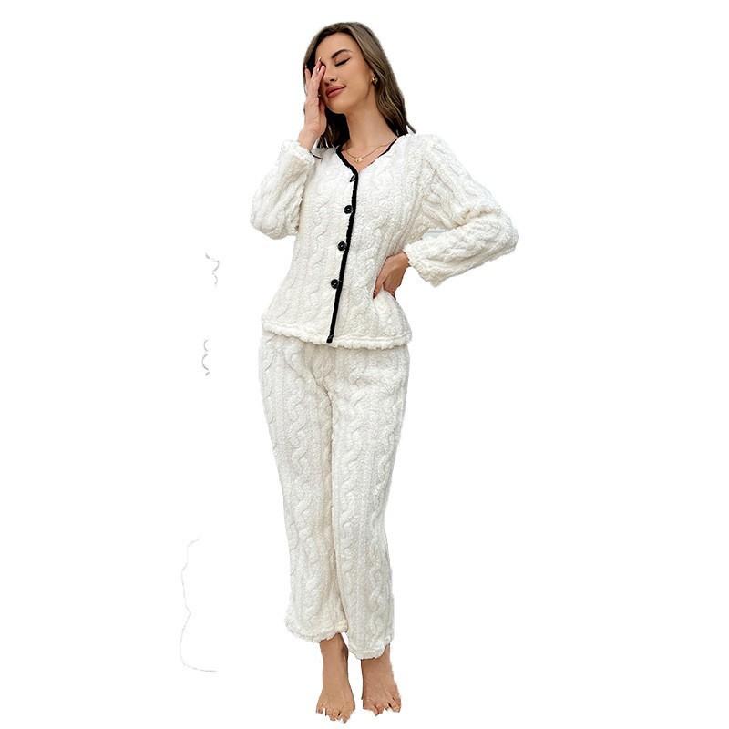 Simple Leisure Solid Colour Flannel Home Wear Pajamas Suit Striped Pajamas Women's Long Sleeve Long Trousers