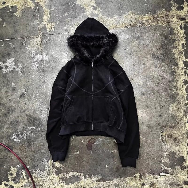 Y2K Fuzzy Hooded Sweatshirt With Geometric Print Long Sleeve Zip-Up Oversized Streetwear Jacket Women