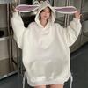 Fall Winter Women Hoodie Thick Long Bunny Ear Decor Pure Color Loose Long Sleeves Elastic Cuff Pullover Warm Sport Top Casual Style Hoodie
