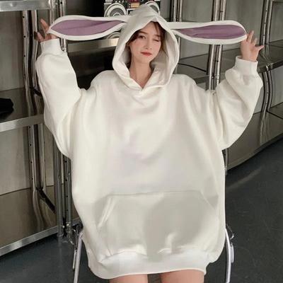 Осень-зима Женская толстовка с капюшоном, толстая, длинная, с декором в виде заячьих ушек, однотонная, свободная, с длинными рукавами, эластичными манжетами, теплая спортивная толстовка в повседневном стиле