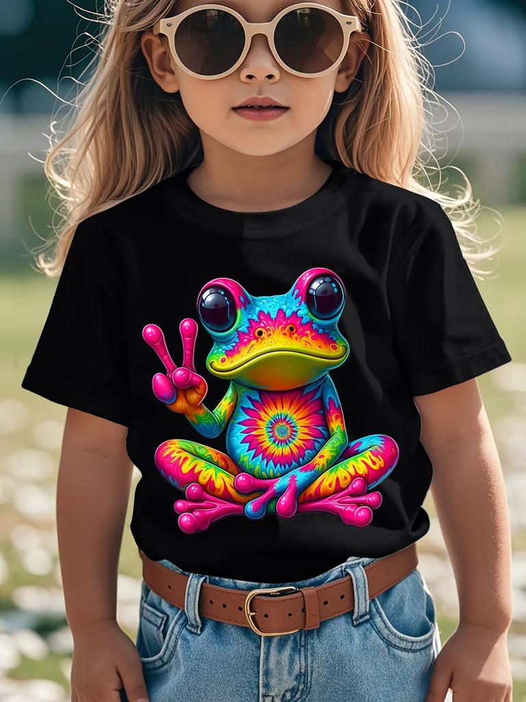 Children Crew Neck Short Sleeve T-Shirt with Colorful Frog Gesturing Yeah Print