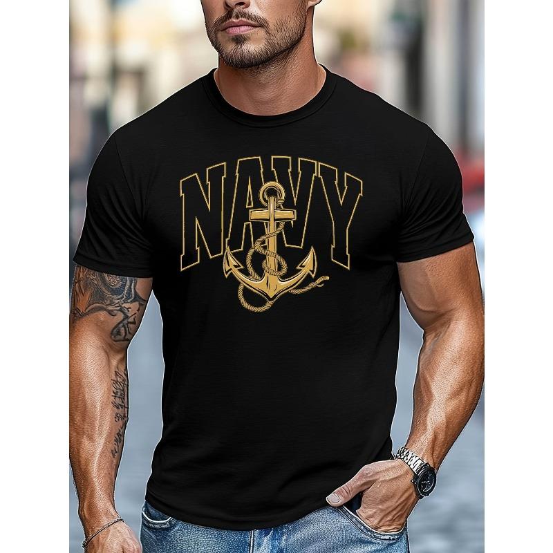Мужская темно-синяя футболка с графическим принтом "NAVY" - Микроэластичная, Обычный крой, Повседневная летняя футболка с дизайном в виде якоря, Легкая и дышащая для повседневной носки