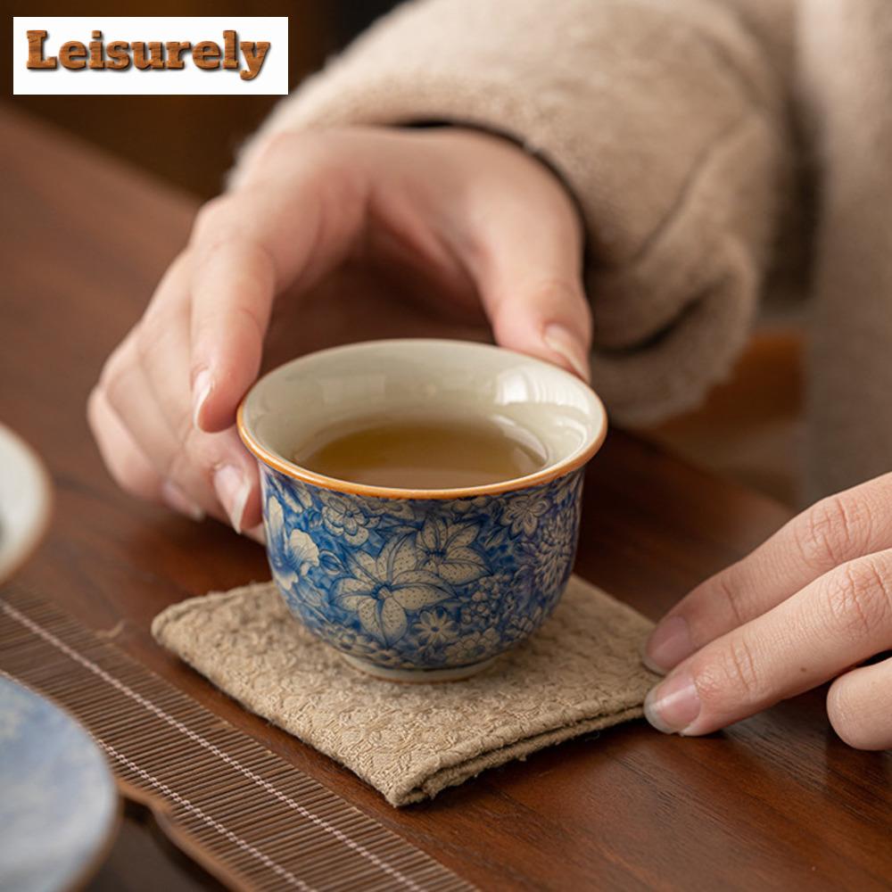 1PCS Chinese Blue and White Ceramic Teacup Anti Scaling Handmade Flowers Porcelain Tea Bowl Travel Meditation Cup Tea Set 70ml