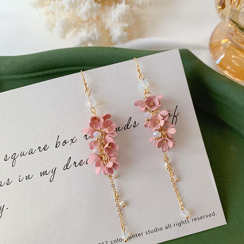 Серьги-клипсы в японском стиле с розовыми и белыми цветами и кисточками, без прорезей, длинные, с кристаллами, элегантные, цветочные, для невесты на свадьбу