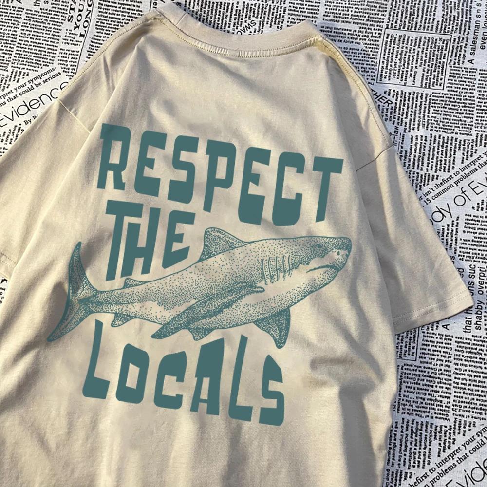 Футболка с принтом акулы Respect The Locals, дышащая уличная футболка, высококачественные футболки, летние хлопковые топы для пар