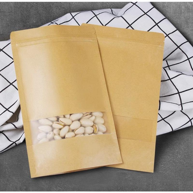 Крафт-бумажный самоподдерживающийся пакет, упаковочный пакет с самозаклеивающейся застежкой и видимым окном, экологически чистый запечатанный упаковочный пакет, доступен в нескольких размерах