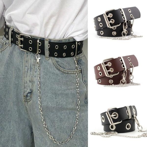 Women Punk Chain Belt Adjustable Black Double/Single Eyelet Grommet Metal Buckle Leather Waistband for Jeans