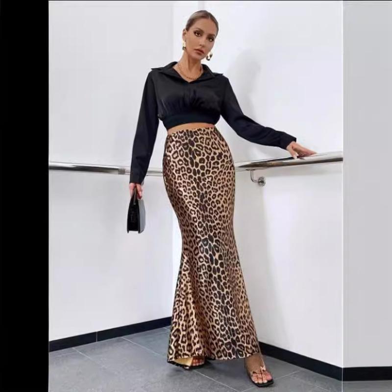 Юбка-рыбий хвост с леопардовым принтом, юбка длиной до пола, юбка-солнце с длинными рукавами
