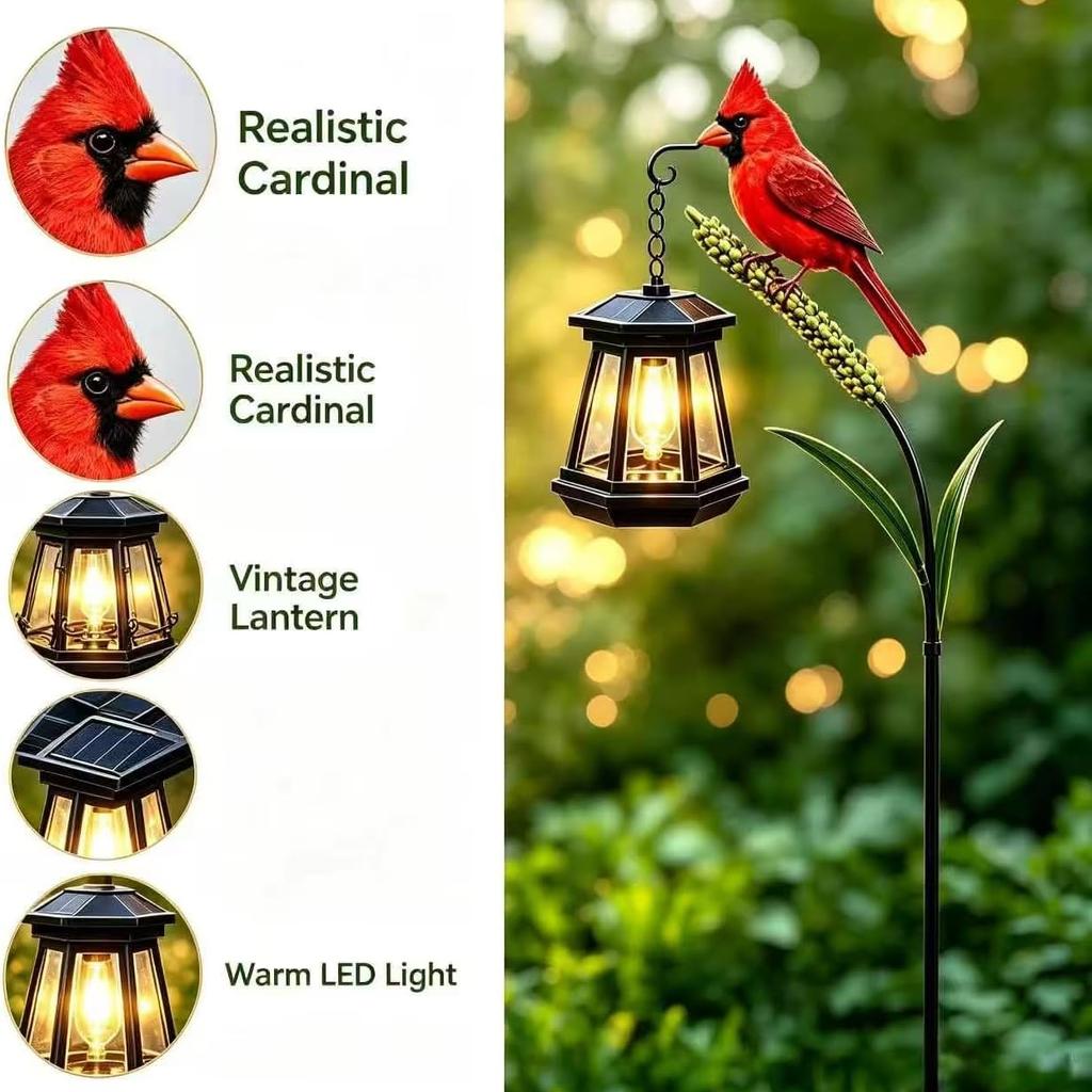 Solar Powered Cardinal Garden Stake Light Rustproof Iron Red Bird Lantern, Waterproof Outdoor Solar Lamp for Yard, Lawn, Flower Bed & Walkway
