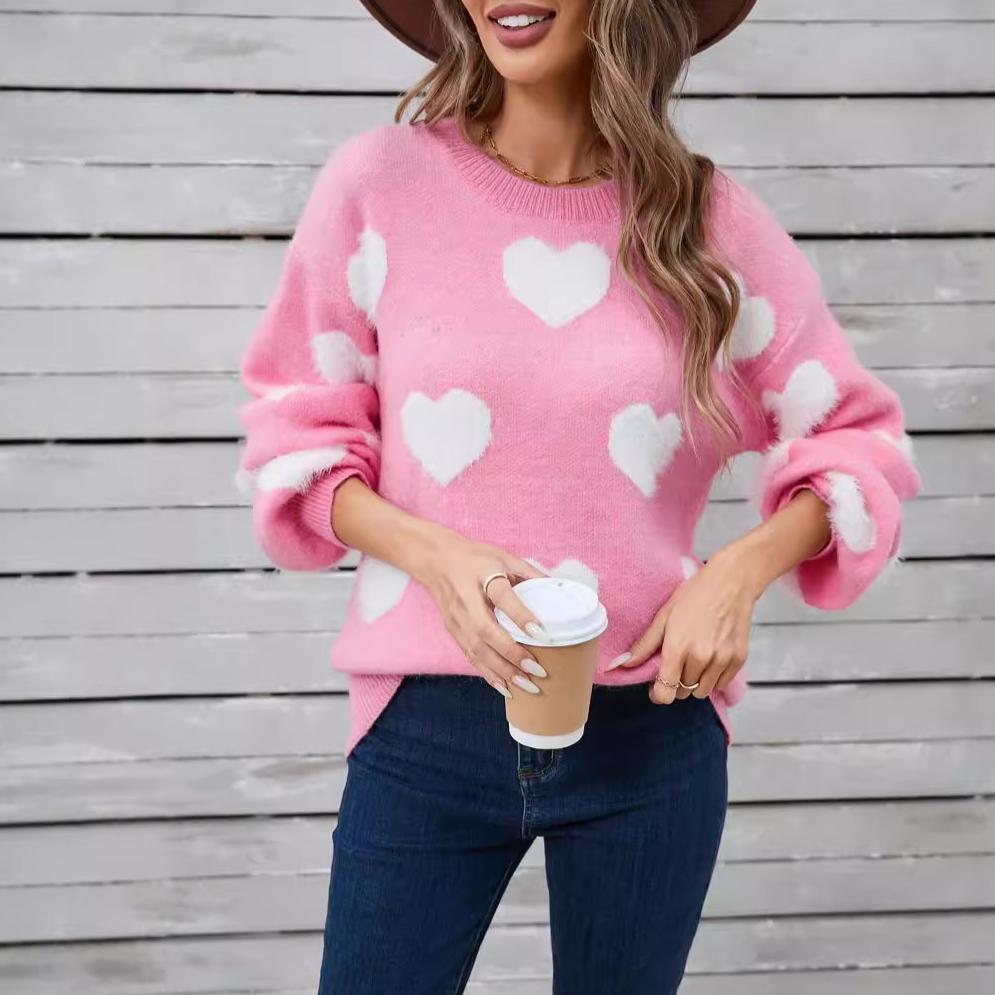 Зимний женский свитер Love Valentine's Day Pullover Large Peach Heart Color Clash Sweater