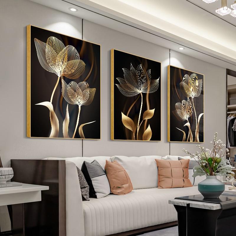 Abstract Black Golden Flower Luxury Poster Nordic Art Plant Leaf Canvas Painting Modern Wall Picture for Living Room Decor