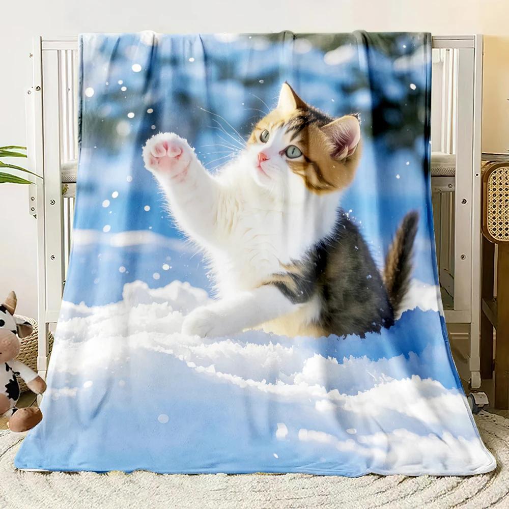 Cute Cat Watching Sunset Forest Flannel Blanket Soft Cozy Throw Blanket for Bed Sofa Couch Office Home Decor Customizable