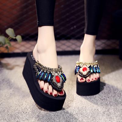 8 см высокие каблуки тапочки женские летние модные шлепанцы на платформе танкетке нескользящие шлепанцы