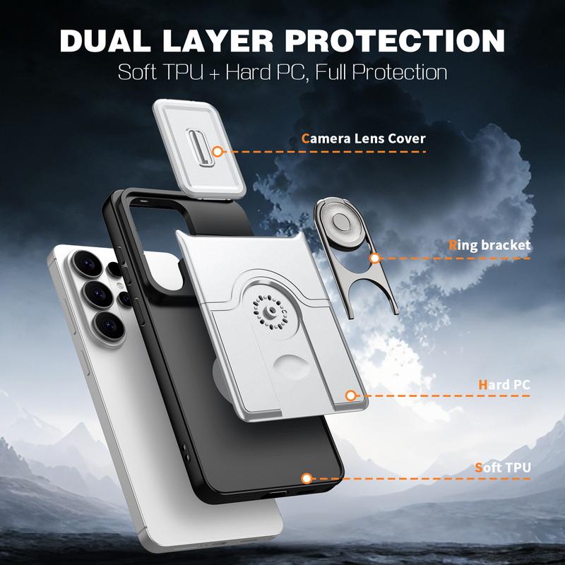 Ударопрочный бронированный чехол для Samsung S26 Ultra S25 FE S24 S23 Plus A35 A55 A16 A26 A36 A56 A17 A37 A57 5G Сдвижное кольцо защиты объектива Чехол-подставка