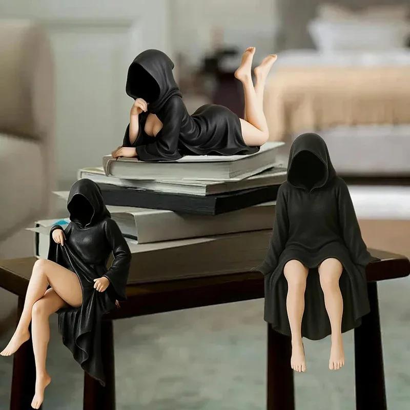 3d Таинственная статуя Готическая черная мантия Фигурка королевы Скульптура для книжной полки Жуткие сидящие статуи Настольные украшения Подарки