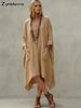 Новое свободное повседневное платье с V-образным вырезом, из хлопково-льняной ткани, с коротким рукавом, асимметричное, для женщин