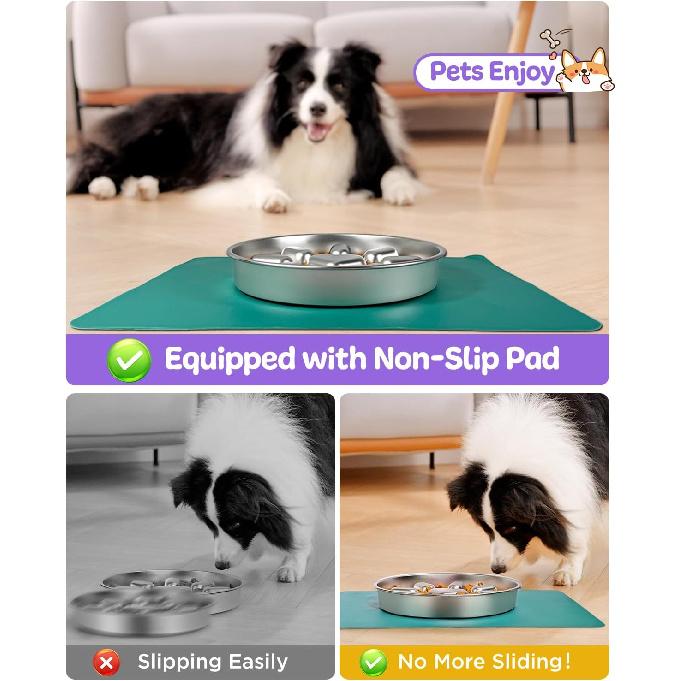 Slow Feeder Dog Bowls with Non-Slip Mat, Stainless Steel Metal Slow Feeder for Small & Medium Dogs, 2 Cups Pet Bowl for Fast Eaters, Slows Down