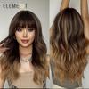 Synthetic Wig Long Medium Water Wavy Ombre Dark Brown with Bangs Wigs for Women Party Daily Hair Heat Resistant Natural