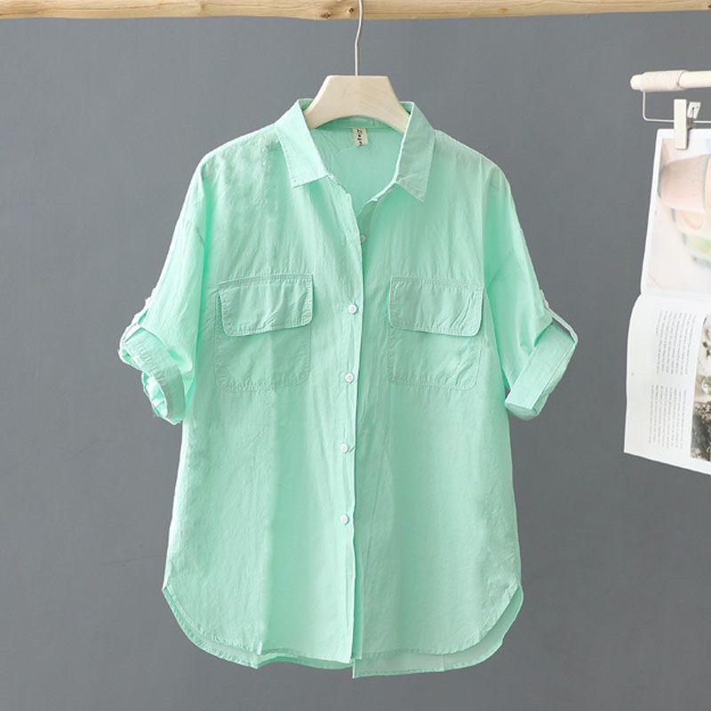 Рубашка из чистого хлопка с короткими рукавами, однотонная, для женщин, летняя, новая, верхняя одежда, свободный и тонкий топ