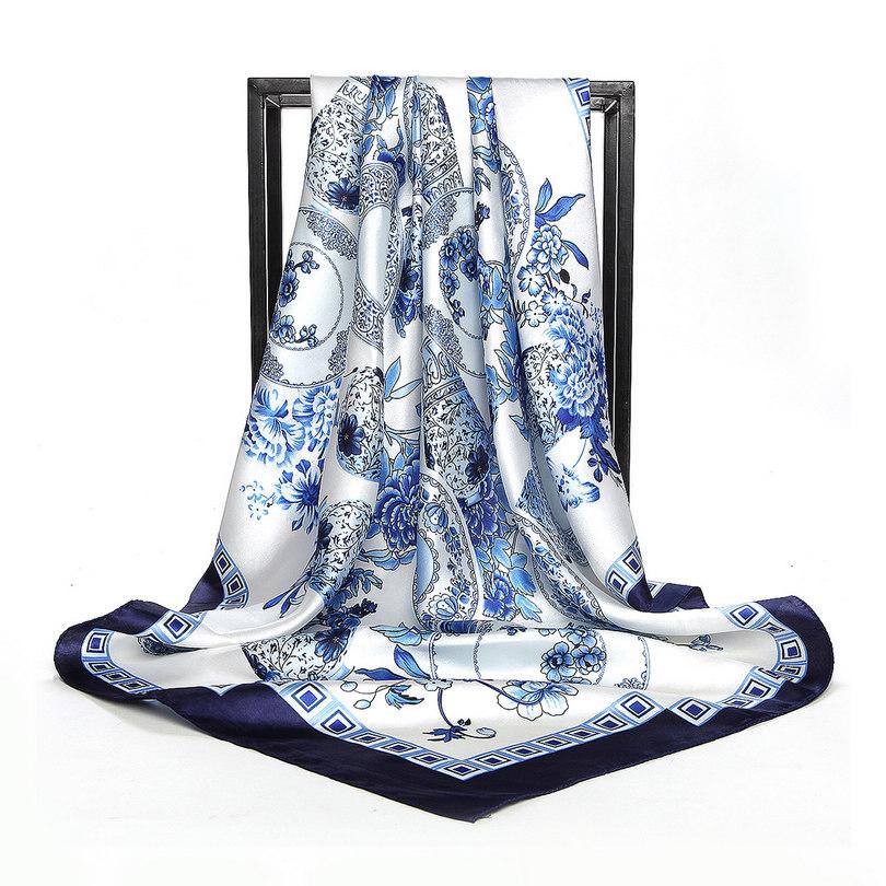 [BYSIFA] China Style Blue White Silk Scarf Cape  New Design Ladies Muslim Head Scarf Printed Fashion Accessories Satin Scarf